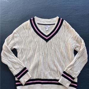 Nicole Miller Cream Cable Knit V-Neck Sweater with Black and Pink Accents